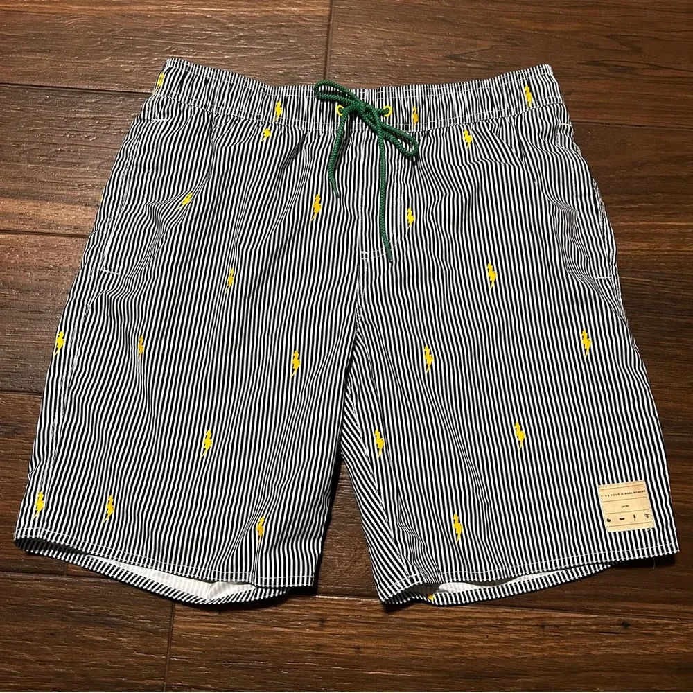 Five Four Mark McNairy Swim Trunks Medium Black White Stripes Lightning Bolts‎